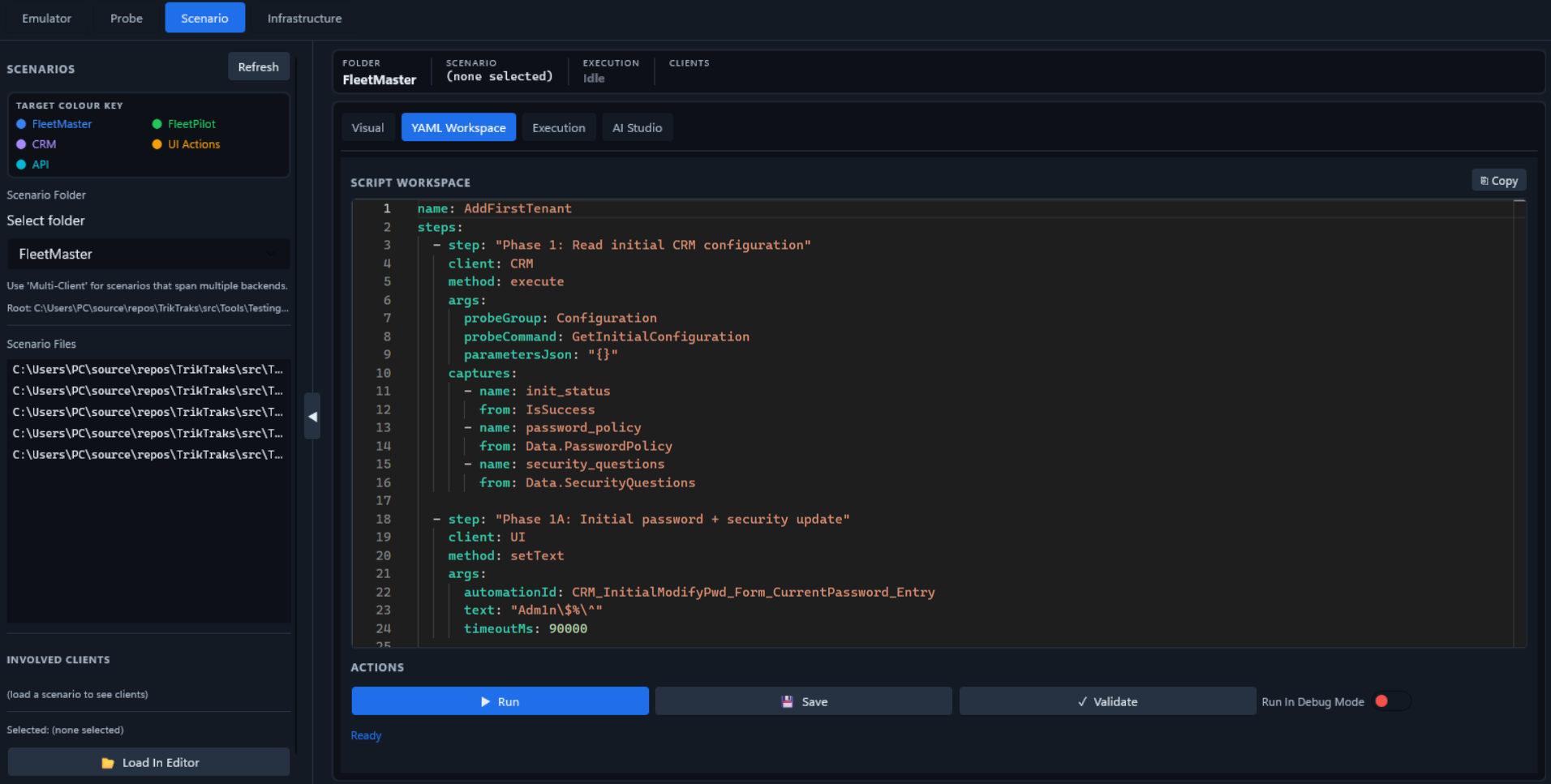 TrikTraks TestStudio scenario workspace screenshot